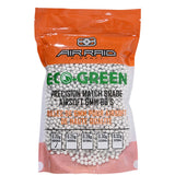 Bag of Air Raid Eco Green Precision Match Grade Airsoft BBs 6mm .20g White 5000CT with Air Raid branding on a white background