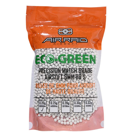 Bag of Air Raid Eco Green Precision Match Grade Airsoft BBs 6mm .20g White 5000CT with Air Raid branding on a white background