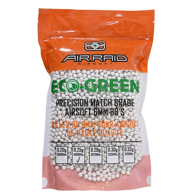 Bag of Air Raid Eco Green Precision Match Grade Airsoft BBs 6mm .25g White 4000CT with Air Raid branding on a white background