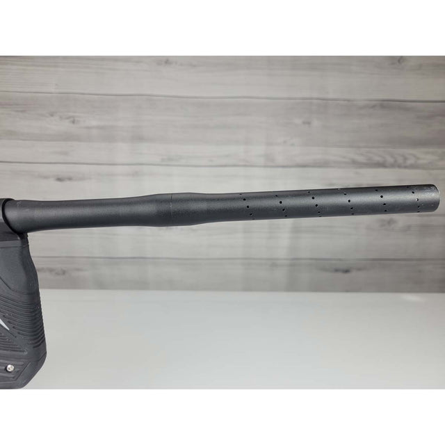 Right side barrel USED Empire Axe 2.0 Paintball Marker Black on a woodgrain background