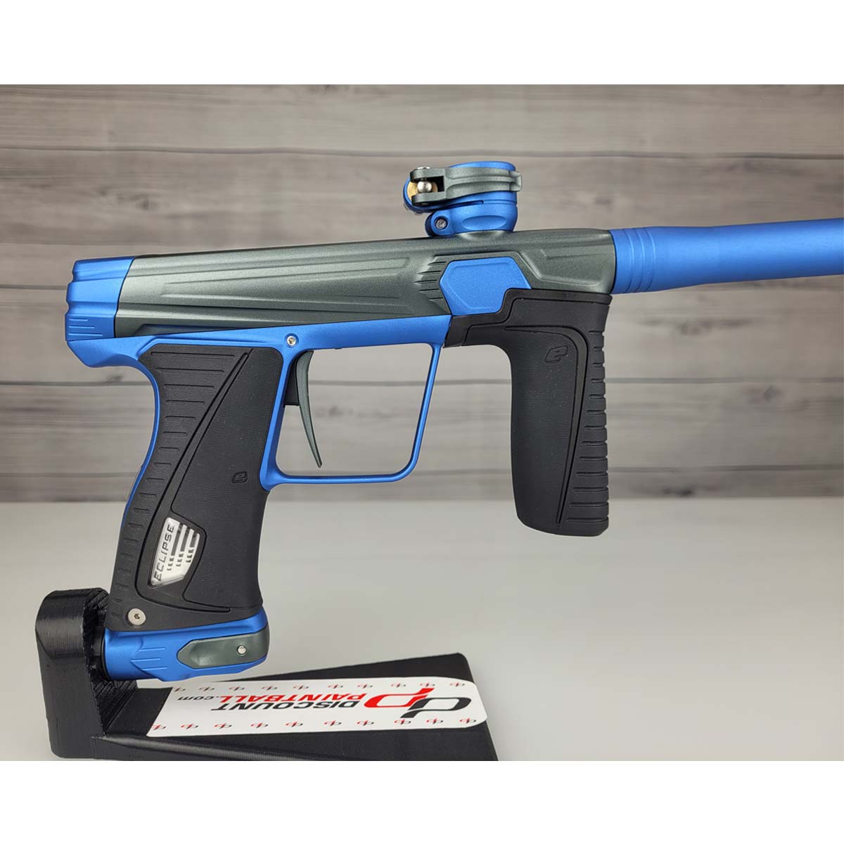 Right side body USED Planet Eclipse 180R Paintball Marker Grey Blue on a panel background