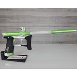 Right side Green and silver USED Planet Eclipse Geo 3.5 Kyrpton Ice Green Silver paintball marker on a wood panel background.