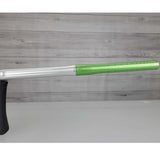 Right side barrel Green and silver USED Planet Eclipse Geo 3.5 Kyrpton Ice Green Silver paintball marker on a wood panel background.