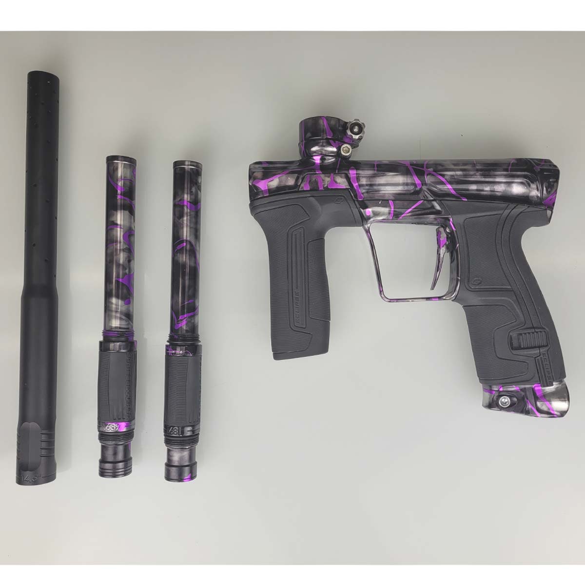  USED Planet Eclipse CS2 Paintball Marker Black Purple Grey Splash with 2 barrel backs and one barrel front laid out