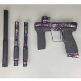  USED Planet Eclipse CS2 Paintball Marker Black Purple Grey Splash with 2 barrel backs and one barrel front laid out