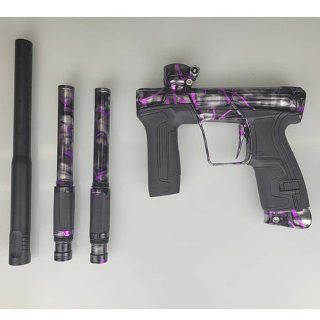  USED Planet Eclipse CS2 Paintball Marker Black Purple Grey Splash with 2 barrel backs and one barrel front laid out
