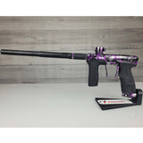 Left side USED Planet Eclipse CS2 Paintball Marker Black Purple Grey Splash in a marker stand on a woodgrain background