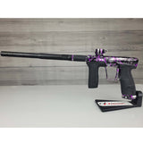 Left side USED Planet Eclipse CS2 Paintball Marker Black Purple Grey Splash on a woodgrain background