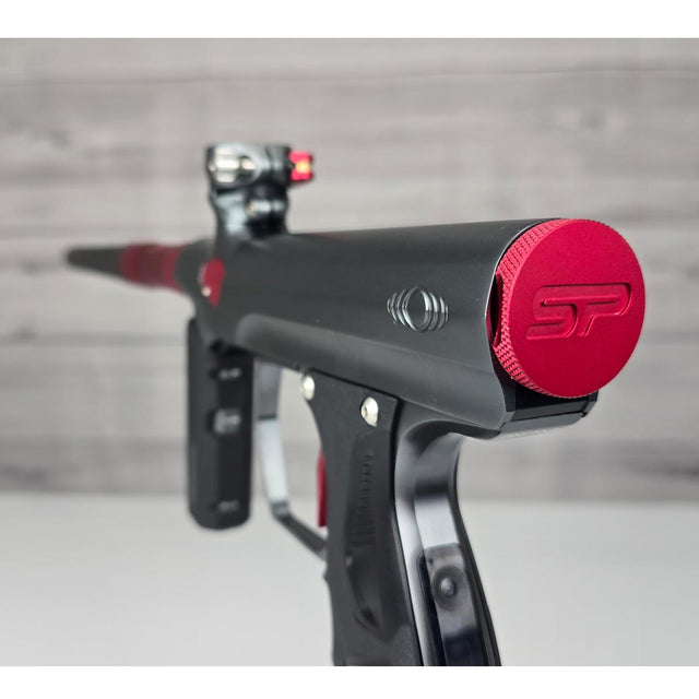 Back of USED Shocker Era Paintball Marker Gray Red highlighting bolt with logo