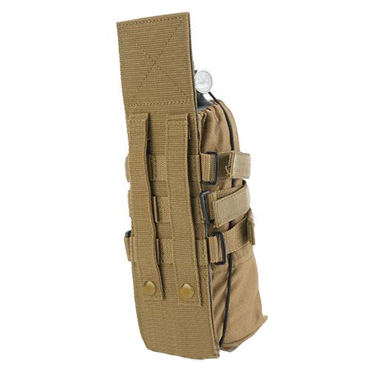 Back of Tan Earth Air Raid Universal Tank Pouch for paintball and airsoft molle on a white background.