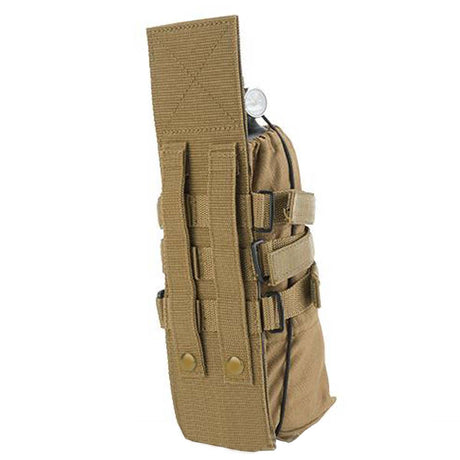 Back of Tan Earth Air Raid Universal Tank Pouch for paintball and airsoft molle on a white background.