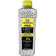 A clear plastic bottle filled with white airsoft pellets, featuring a bright yellow cap and a yellow and black ARRAID PRO 5000 .28 gram label on the front.