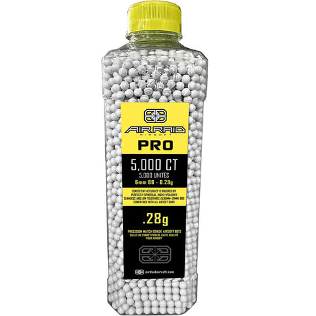 A clear plastic bottle filled with white airsoft pellets, featuring a bright yellow cap and a yellow and black ARRAID PRO 5000 .28 gram label on the front.