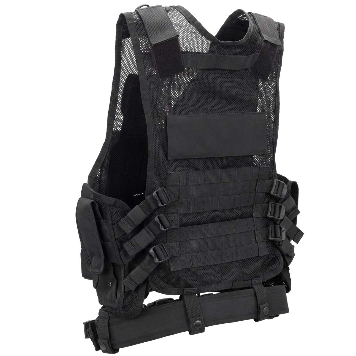 Rear angle of black BSX Crossdraw Vest for airsoft and paintball, shown on a white background