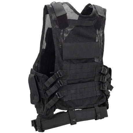 Rear angle of black BSX Crossdraw Vest for airsoft and paintball, shown on a white background