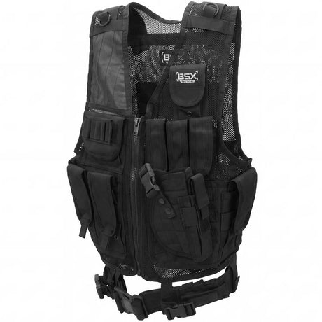 Front angle of black BSX Crossdraw Vest for airsoft and paintball, shown on a white background