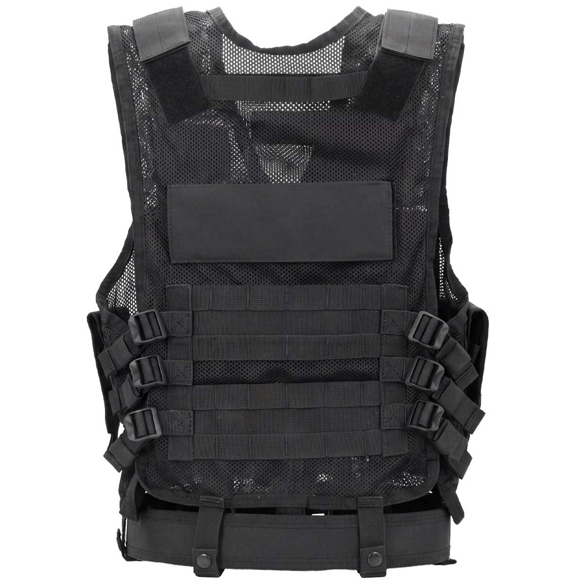 Back of black BSX Crossdraw Vest for for airsoft and paintball, shown on a white background