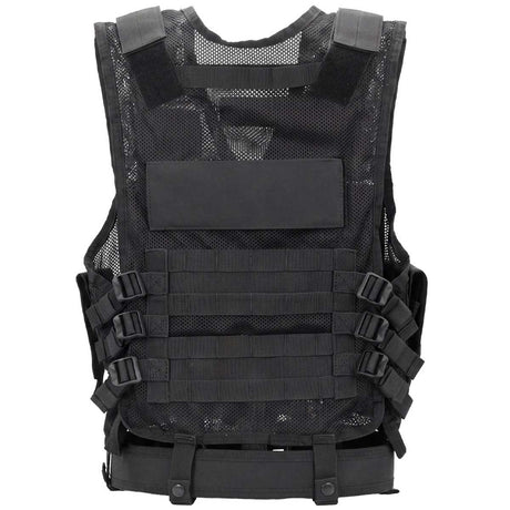 Back of black BSX Crossdraw Vest for for airsoft and paintball, shown on a white background