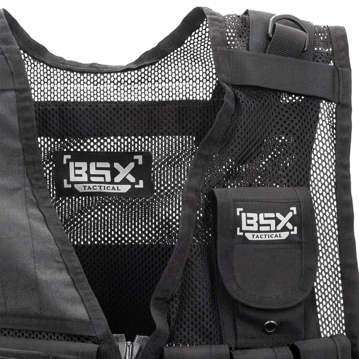 Close up of mesh shoulder black BSX Crossdraw Vest for for airsoft and paintball, shown on a white background