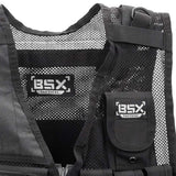 Close up of mesh shoulder black BSX Crossdraw Vest for for airsoft and paintball, shown on a white background