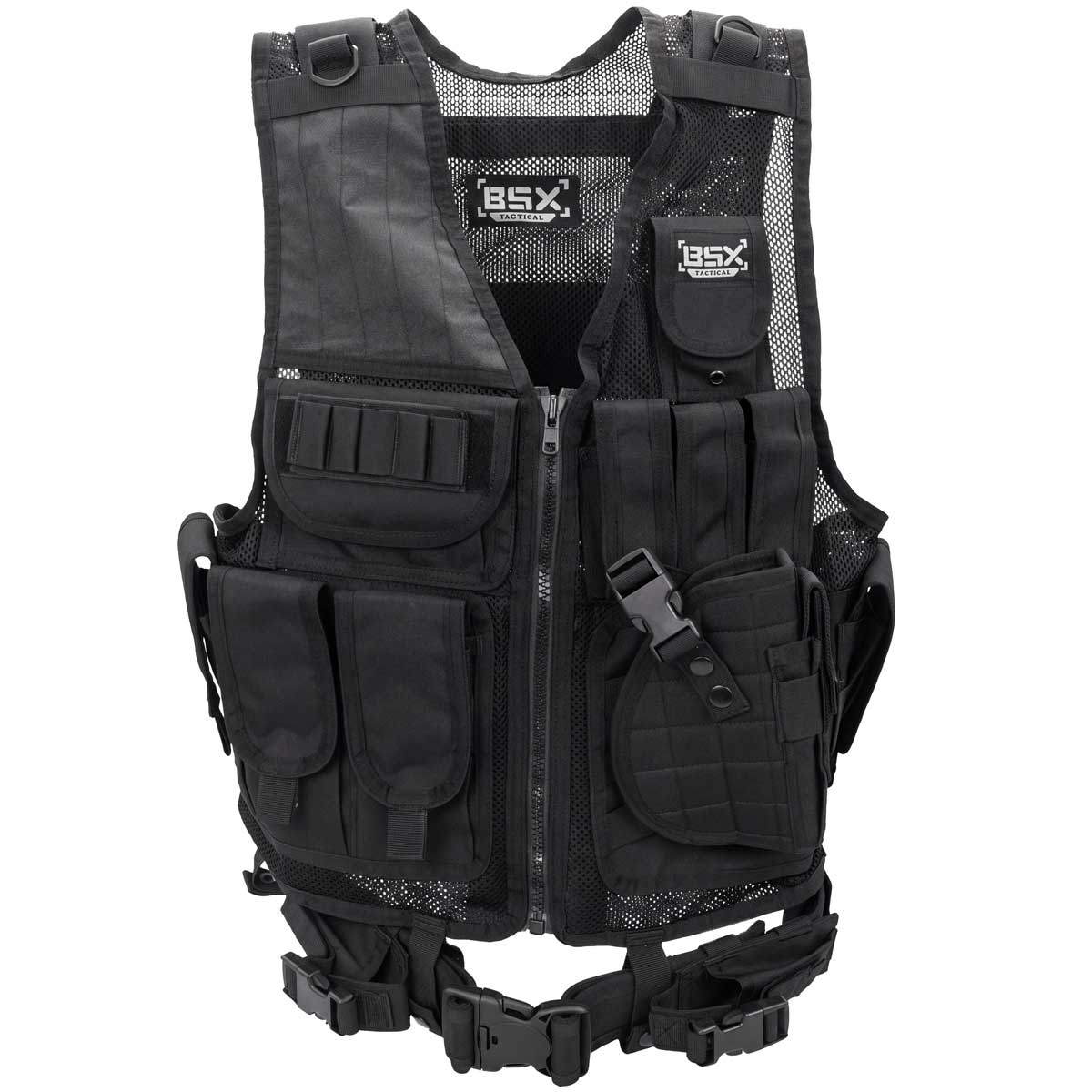 Front of black BSX Crossdraw Vest for airsoft and paintball, shown on a white background
