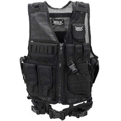 Front of black BSX Crossdraw Vest for airsoft and paintball, shown on a white background