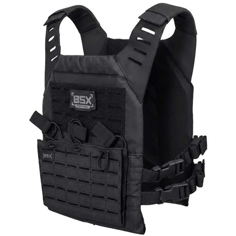 Front angle of black BSX Plate Carrier LC  for airsoft and paintball on a white background