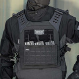 Front of black BSX Plate Carrier LC  for airsoft and paintball with mags on a person dressed in tactical gear