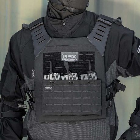 Front of black BSX Plate Carrier LC  for airsoft and paintball with mags on a person dressed in tactical gear