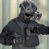 Front angle of black BSX Plate Carrier LC  for airsoft and paintball with mags on a person dressed in tactical gear
