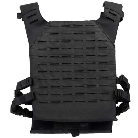 Back of black BSX Plate Carrier LC  for airsoft and paintball on a white background