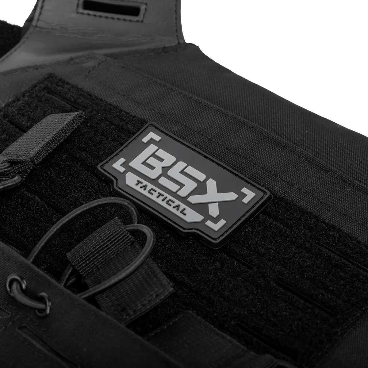 Close up detail of patch on black BSX Plate Carrier LC  for airsoft and paintball 