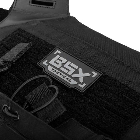 Close up detail of patch on black BSX Plate Carrier LC  for airsoft and paintball 
