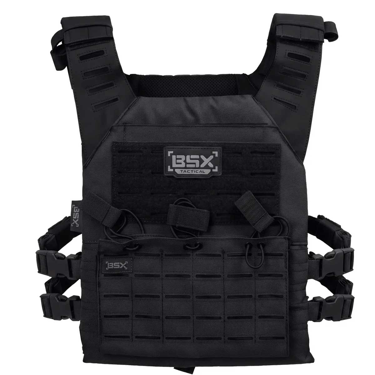 Front of black BSX Plate Carrier LC  for airsoft and paintball on a white background