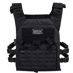 Front of black BSX Plate Carrier LC  for airsoft and paintball on a white background