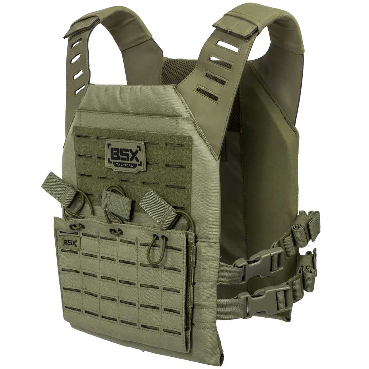 Front angle of olive green BSX Plate Carrier LC  for airsoft and paintball on a white background