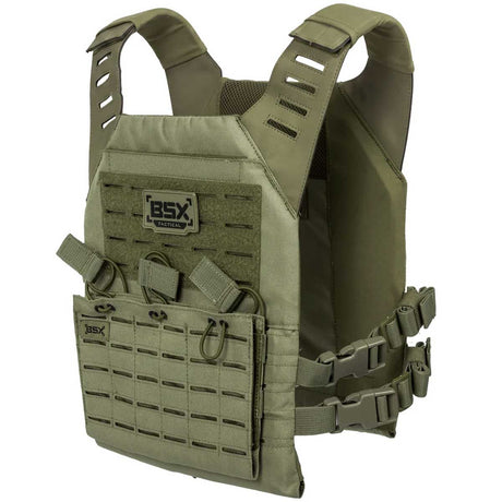 Front angle of olive green BSX Plate Carrier LC  for airsoft and paintball on a white background