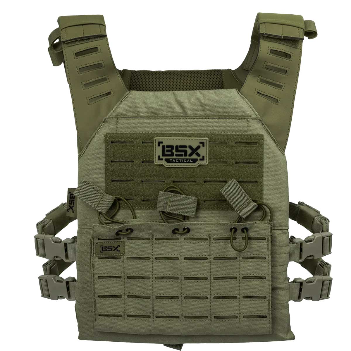 Front of olive green BSX Plate Carrier LC  for airsoft and paintball on a white background