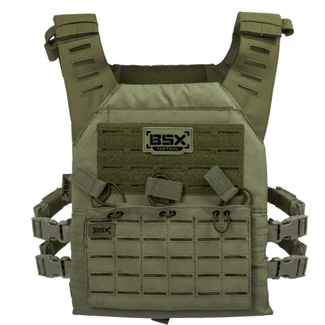 Front of olive green BSX Plate Carrier LC  for airsoft and paintball on a white background