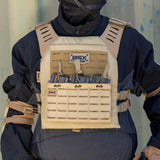 Front of tan BSX Plate Carrier LC  for airsoft and paintball with mags on a person dressed in tactical gear