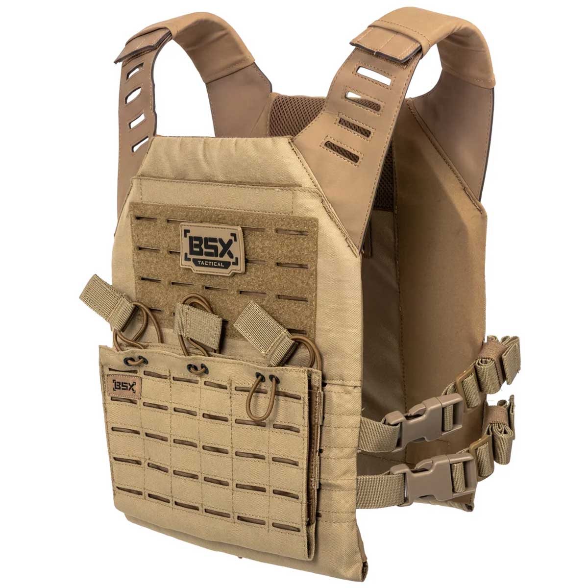Front angle of tan BSX Plate Carrier LC  for airsoft and paintball on a white background