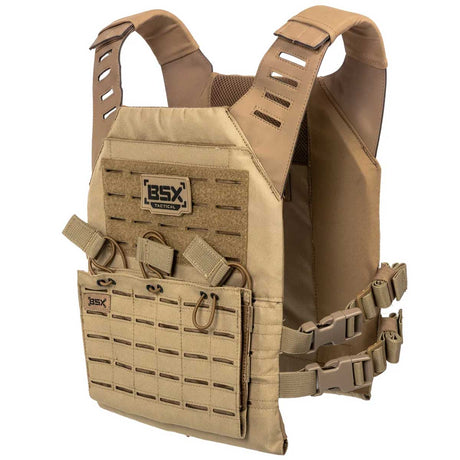 Front angle of tan BSX Plate Carrier LC  for airsoft and paintball on a white background