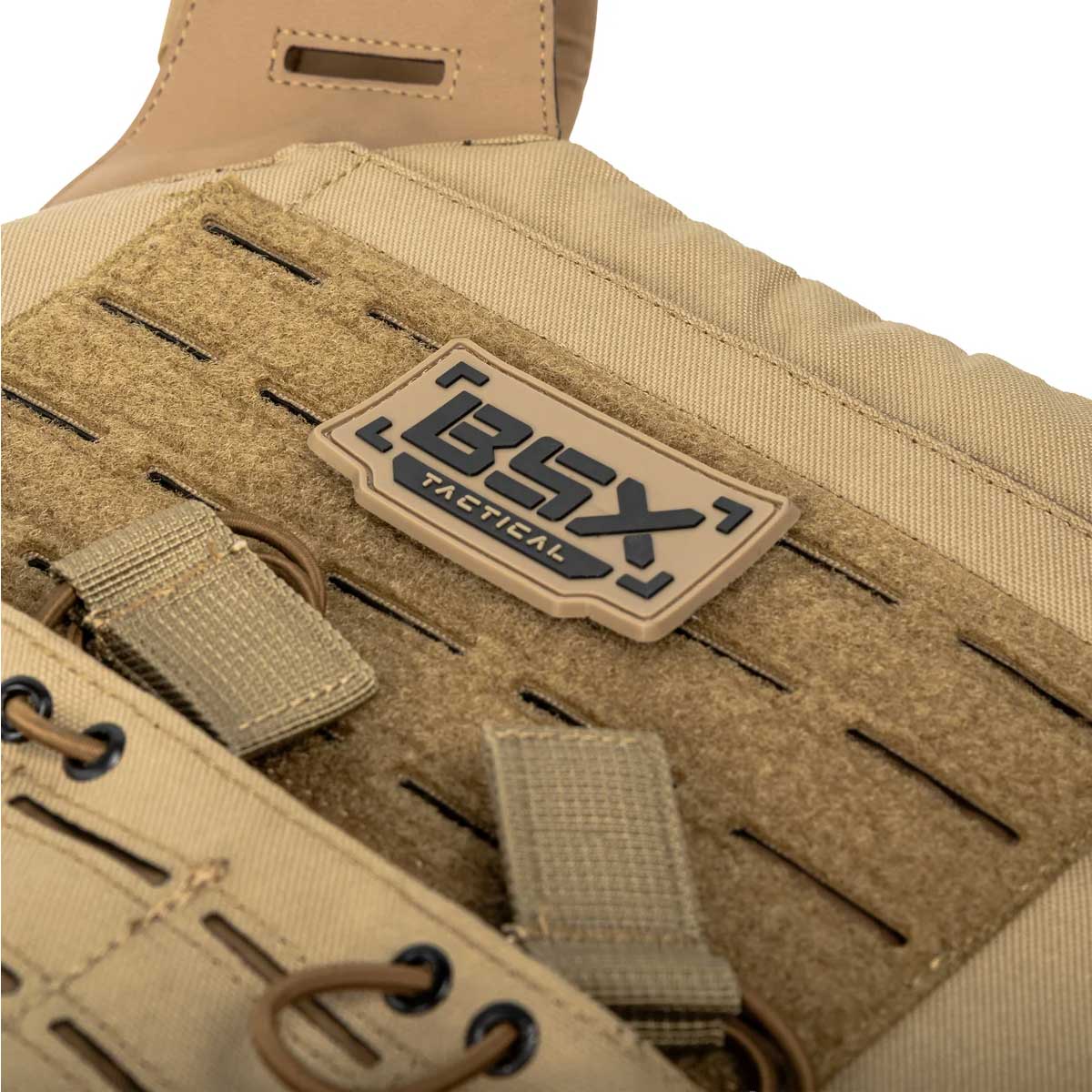 Close up of patch on tan BSX Plate Carrier LC  for airsoft and paintball on a white background