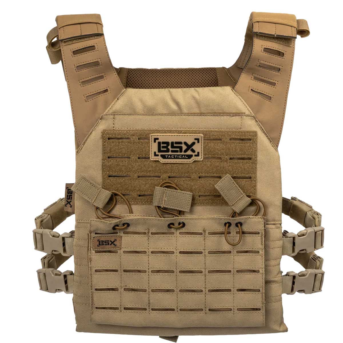 Front of tan BSX Plate Carrier LC  for airsoft and paintball on a white background