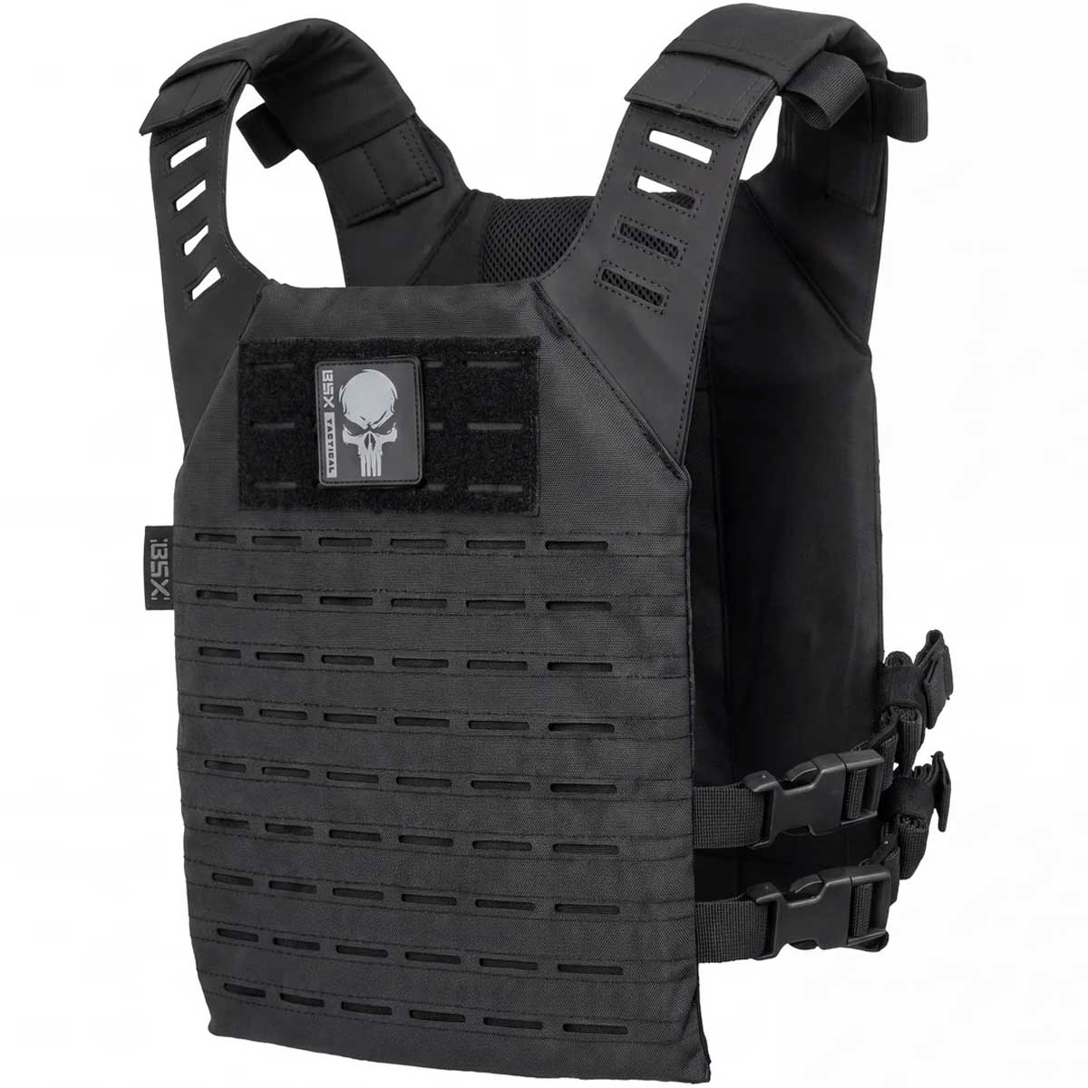Front angle of black HK Army BSX Skull Plate Carrier for molle attachments for airsoft and paintball, shown on a white background