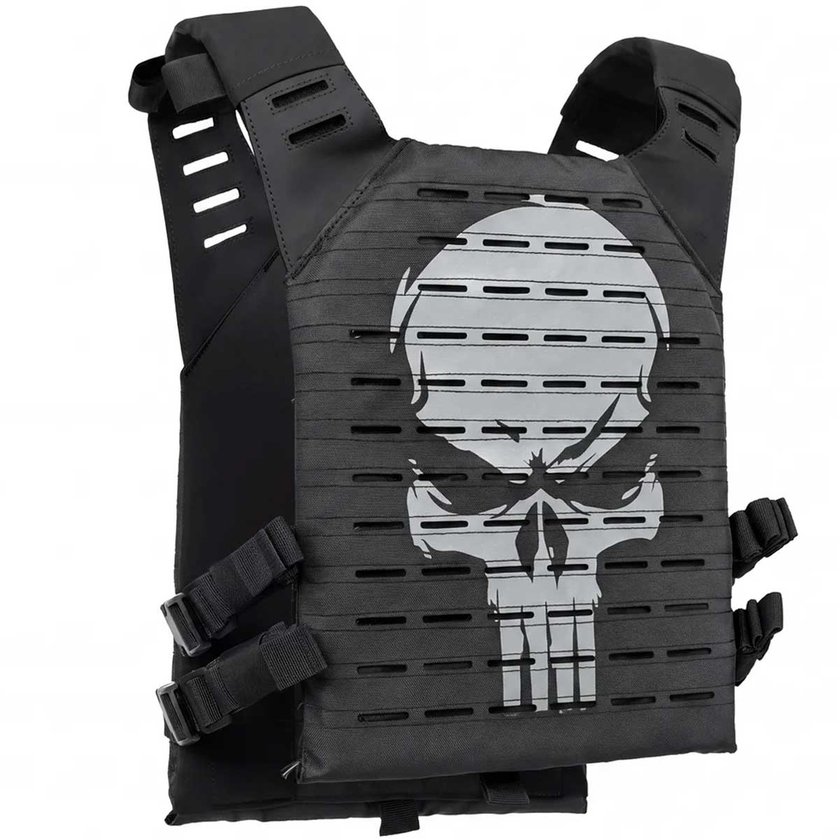 Back angle of black HK Army BSX Skull Plate Carrier with skull for molle attachments for airsoft and paintball, shown on a white background