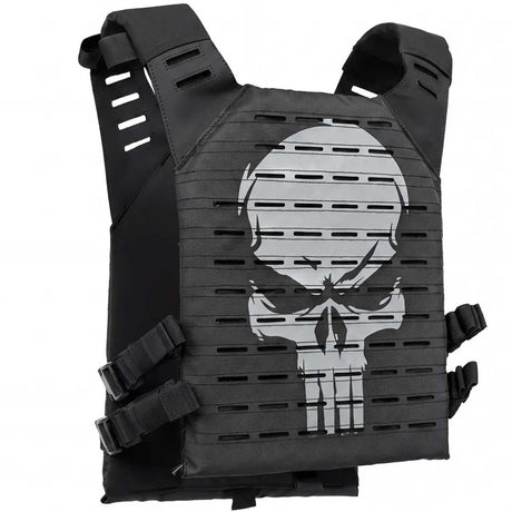 Back angle of black HK Army BSX Skull Plate Carrier with skull for molle attachments for airsoft and paintball, shown on a white background