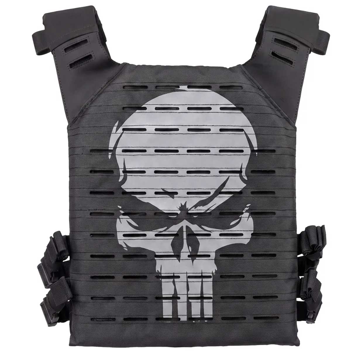 Back of black HK Army BSX Skull Plate Carrier with skull for molle attachments for airsoft and paintball, shown on a white background