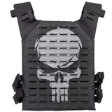 Back of black HK Army BSX Skull Plate Carrier with skull for molle attachments for airsoft and paintball, shown on a white background