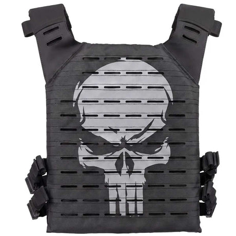 Back of black HK Army BSX Skull Plate Carrier with skull for molle attachments for airsoft and paintball, shown on a white background